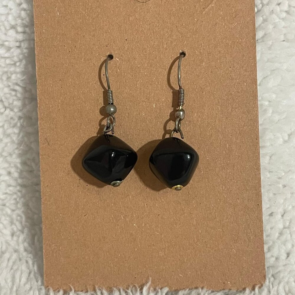 Silver Tone Black Acrylic Bead Earrings